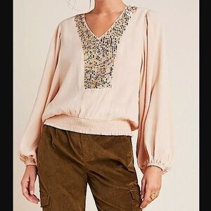 Anthropologie Maeve Kristie Sequined Peasant Blouse Women’s Medium